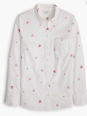 J Crew White Button Up Shirt Size XL Hearts Polka Dots Long Sleeve Art Teacher